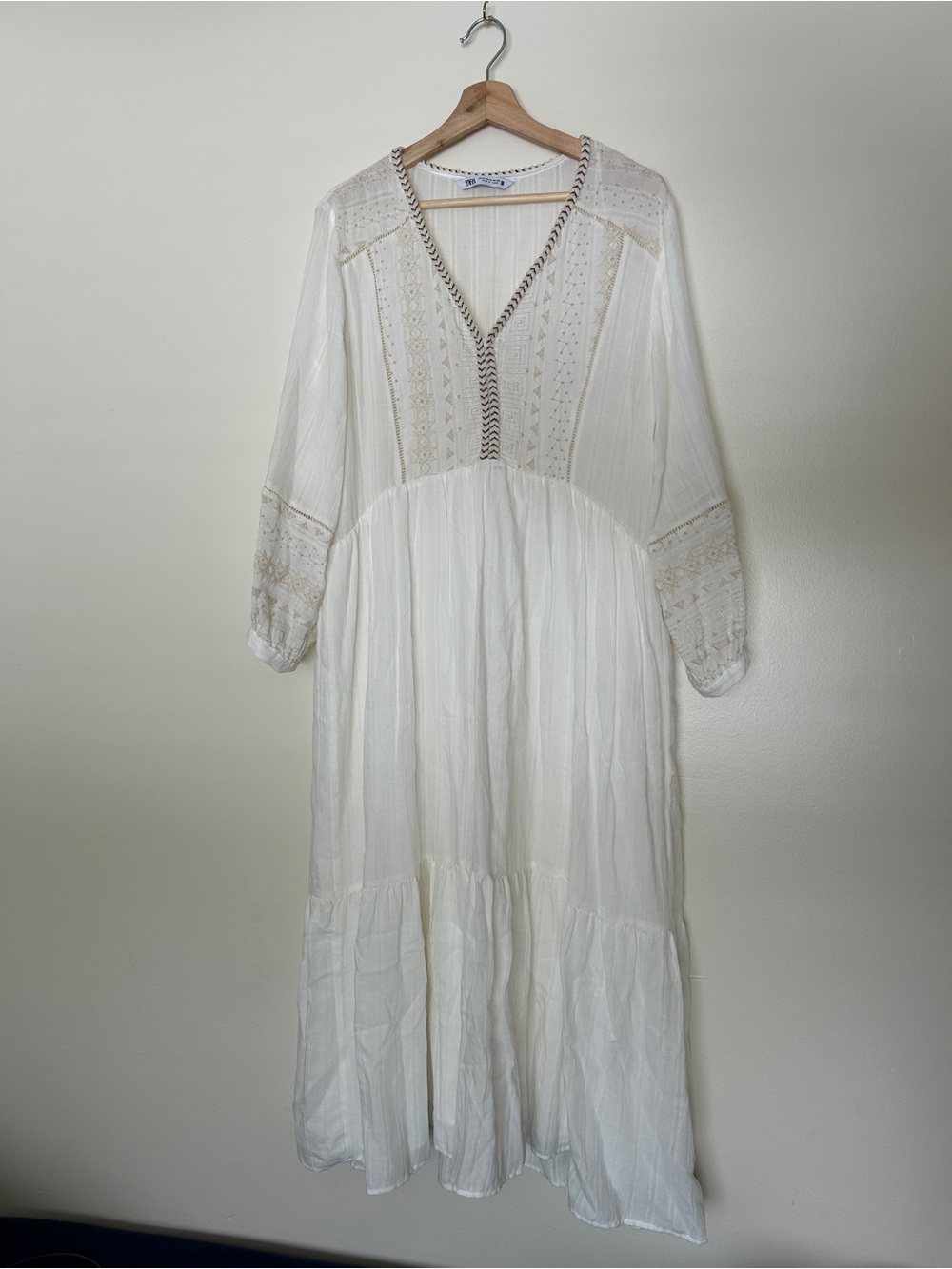 Zara White Bohemian Lace-Detail Maxi Dress